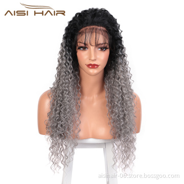Aisi Hair Long Wavy Ombre Gray Dark Root Wig 13x6 Kinky Curly Wave Lace Frontal Wig Cosplay Front Lace Hair Wigs For Black Women